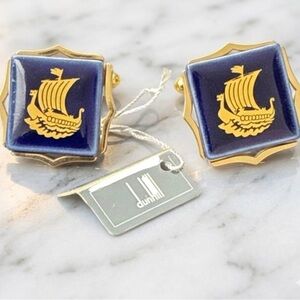 Vintage Dunhill London Viking Longship Cufflinks - Blue Enamel & Gold Tone - NWT